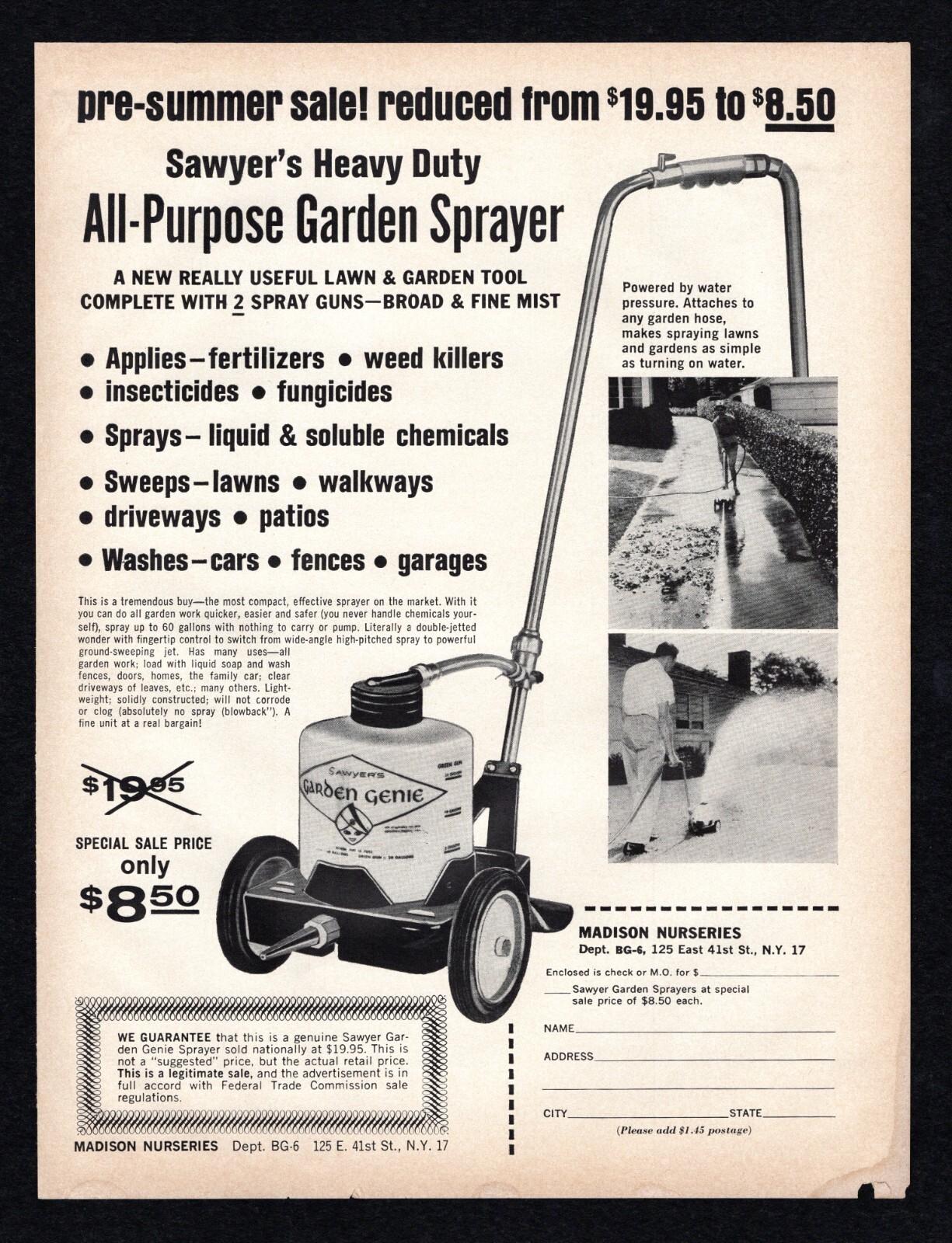 1964 Sawyers Garden Genie All Purpose Sprayer Sale Madison Nurseries Print Ad