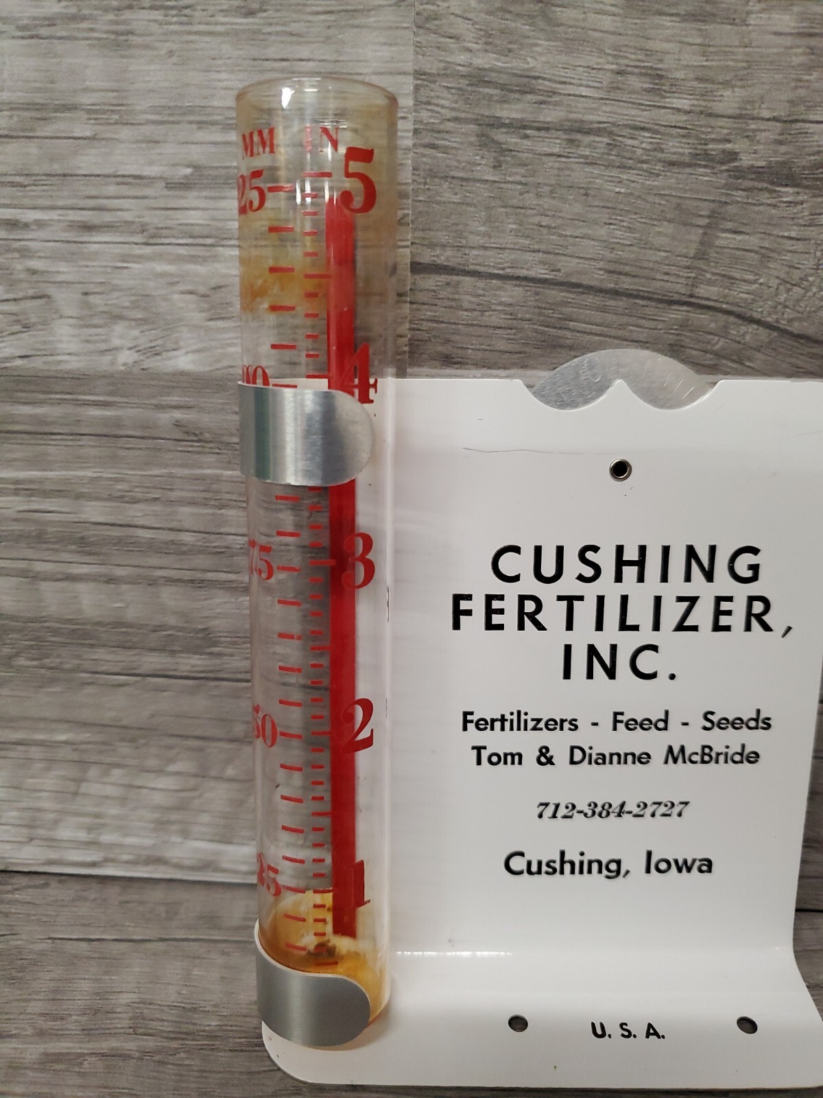 Vtg Mayco Rain Gauge CUSHING FERTILIZER INC. Cushing Iowa Tom & Dianne McBride
