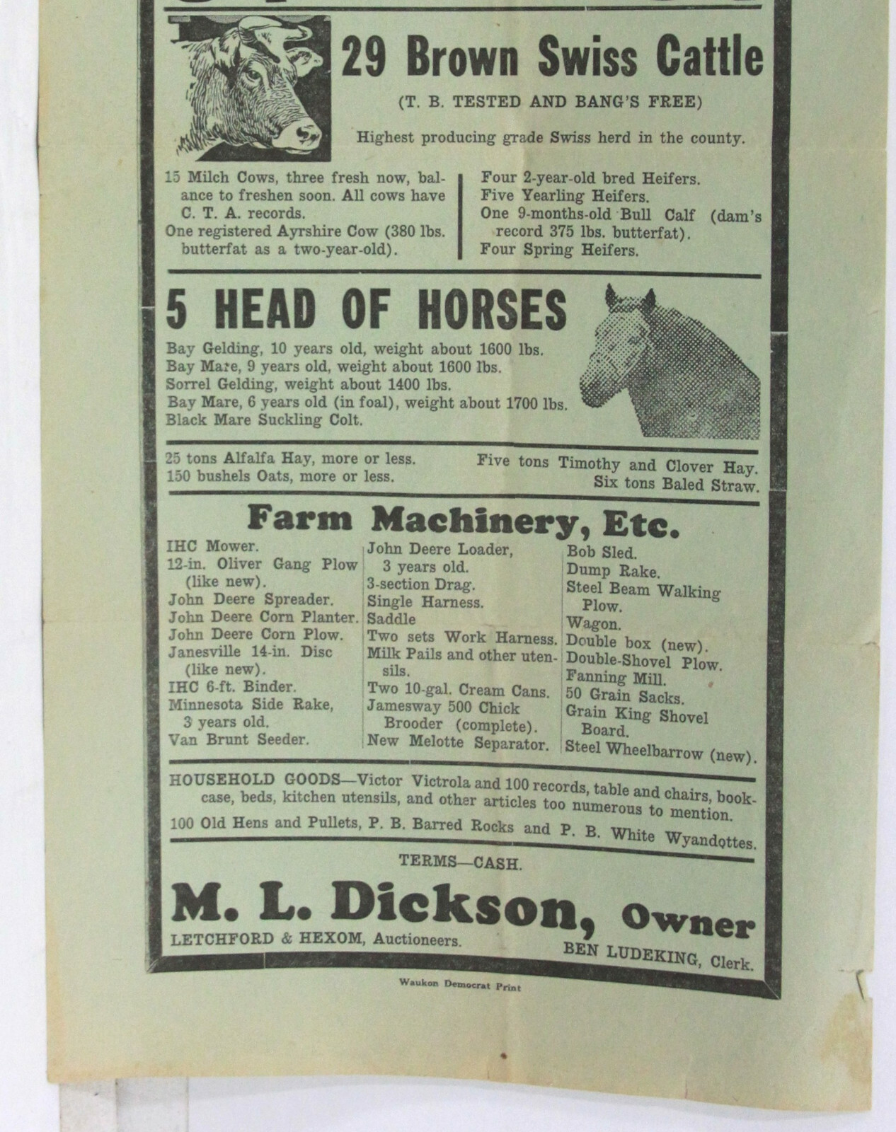 Farm Auction Broadside – Livestock & Farm Machinery & Household Waukon IA c1936