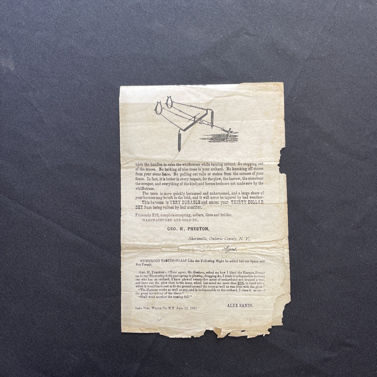 1881 Coleman&rsquo;s Plow Harness Broadside Shortsville New York Farm Machinery