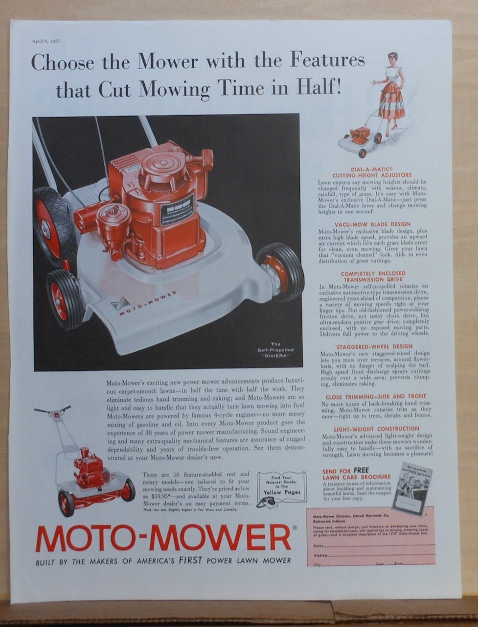 1957 magazine ad for Moto-Mower lawn mower – cut mowing time in half!