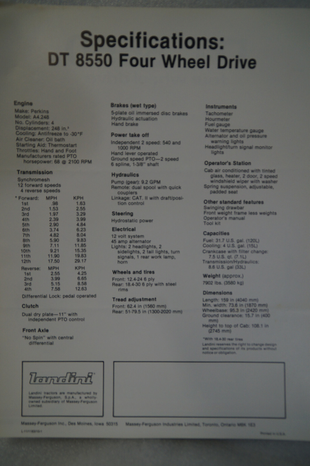 1983 Landini DT8550 Four-Wheel Drive Tractor Sales Brochure