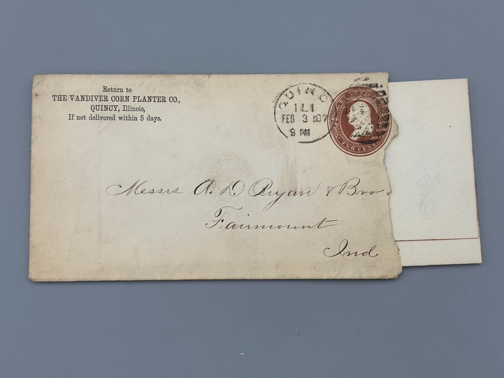 1887 VANDIVER CORN PLANTER Farm Advertising Postal Cover Invoice QUINCY Illinois