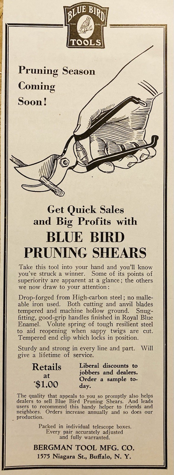 1929 AD.(XH83)~BERGMAN TOOL MFG. CO. BUFFALO, NY. BLUE BIRD PRUNING SHEARS