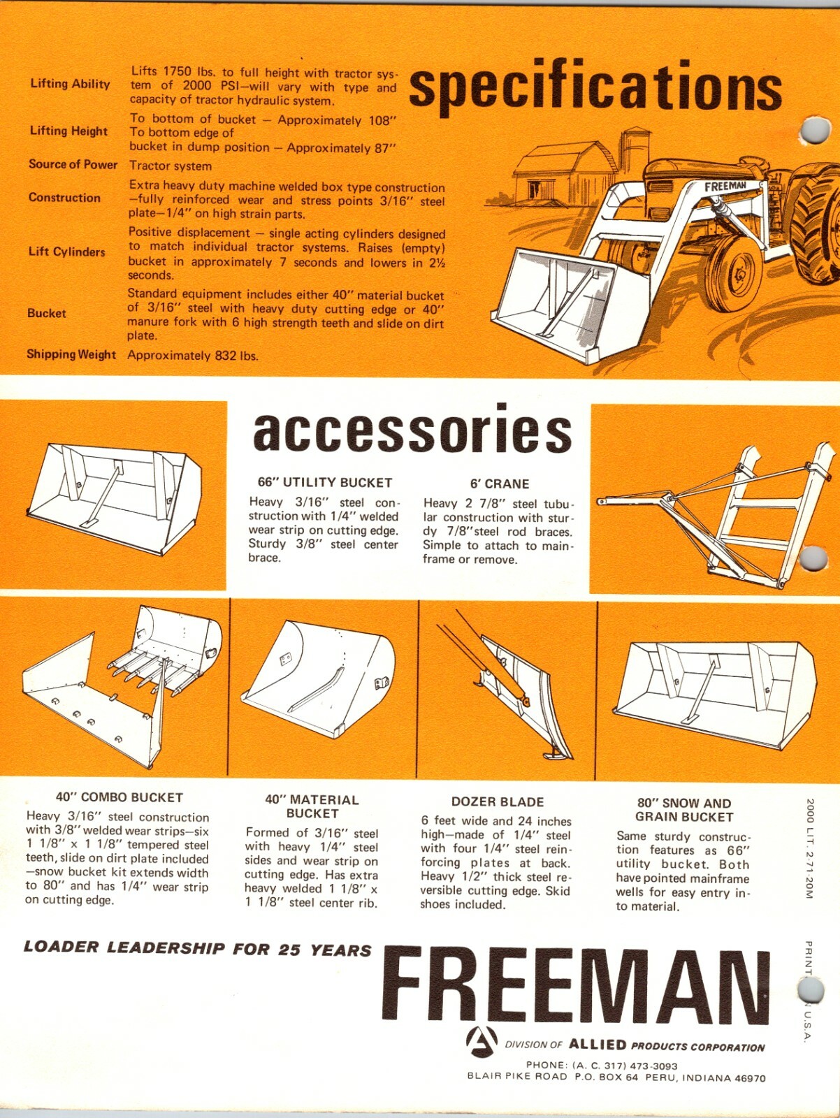 One(1) Freeman Series 2000 Loader Tractor Dealer Sales Specs Flyer Brochure