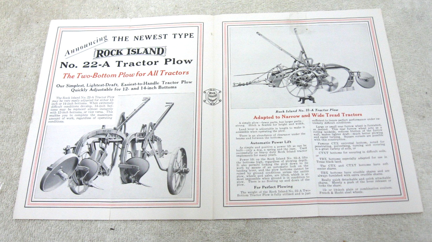 VINTAGE 1935 ROCK ISLAND 2 BOTTOM TRACTOR PLOW BROCHURE ORIGINAL 22A