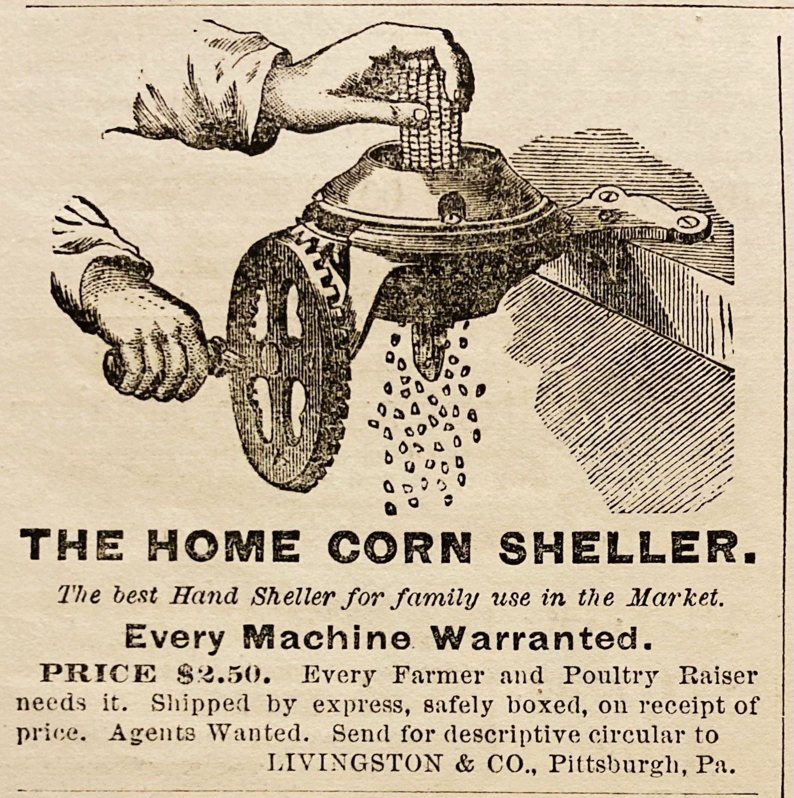 1876 AD.(PC6)~LIVINGSTON CO. PITTS., PA. THE HOME CORN SHELLER