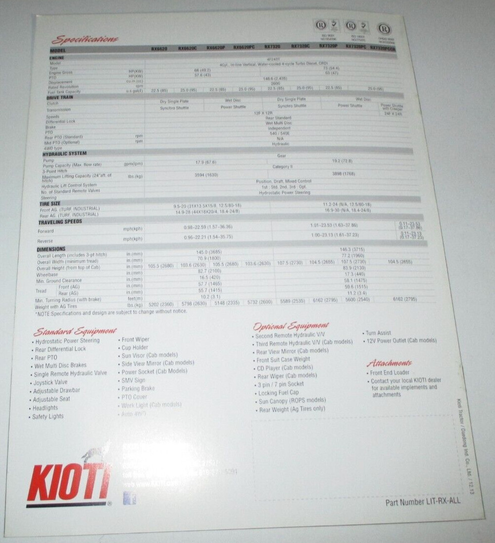 *Kioti RX Series Tractor Sales Brochure Model RX6620 RX7320 C/P/PC/PCCR 12/13