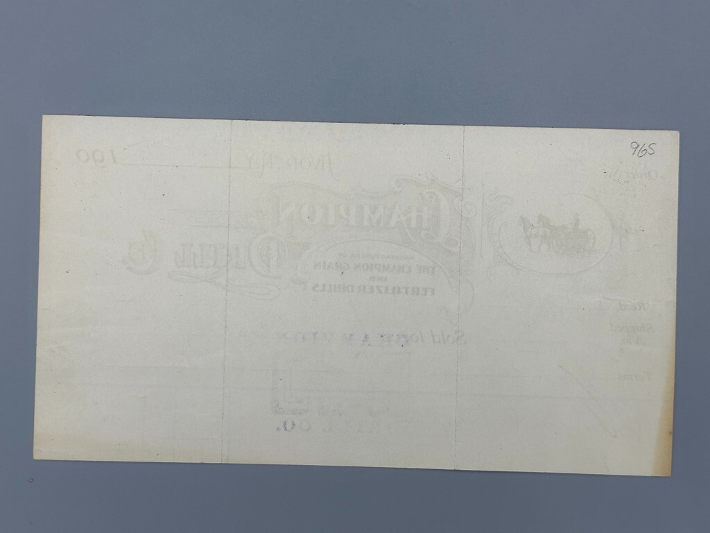 1909 CHAMPION GRAIN DRILL Farm Advertising AVON NY Illustrated Invoice Antique