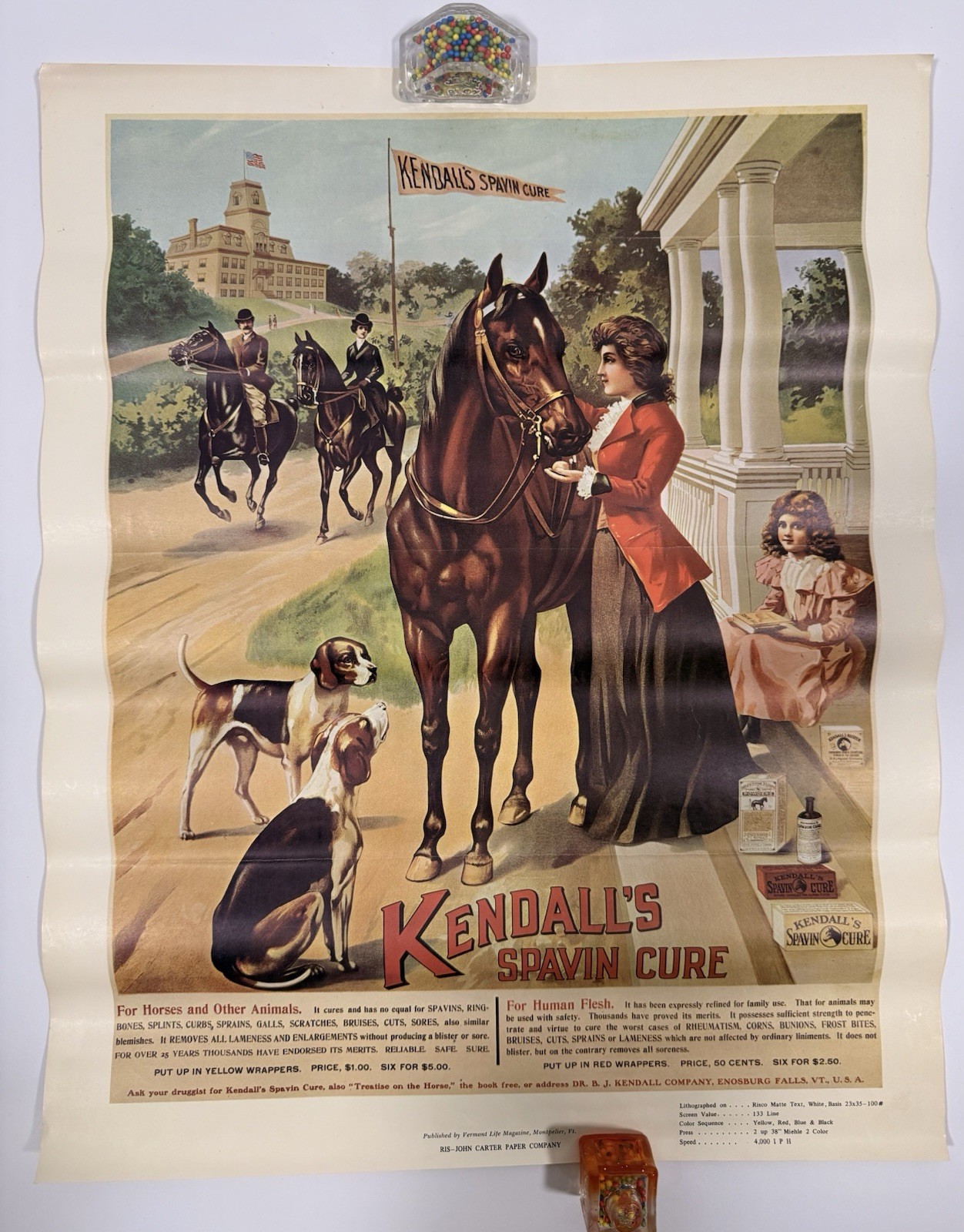 Vintage Kendall’s Spavin Cure Horse Advertising Poster Vermont Lithograph