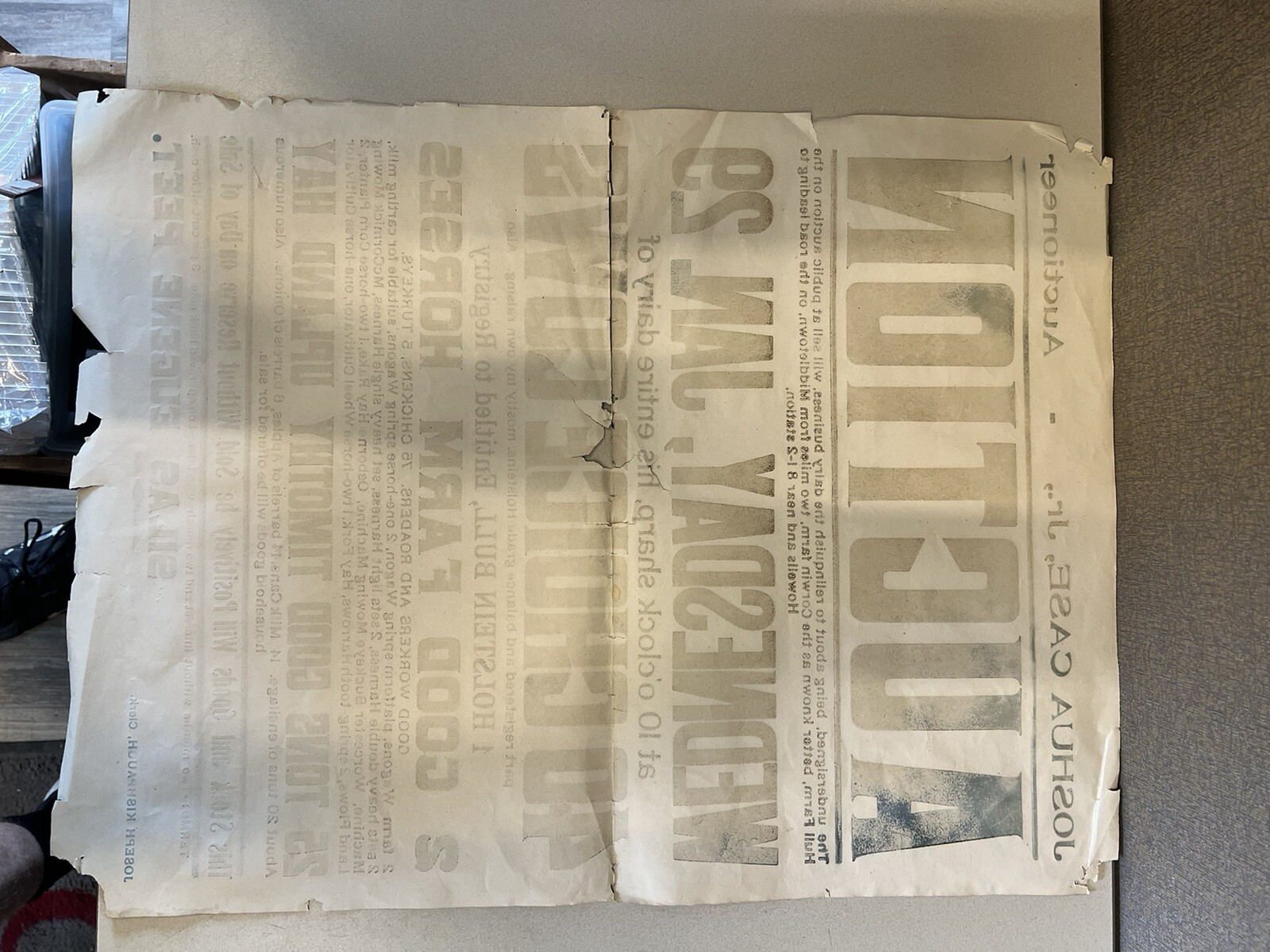 Antique 1800s Corwin Farm Otisville NY Auction Poster Silas Peet Times Press
