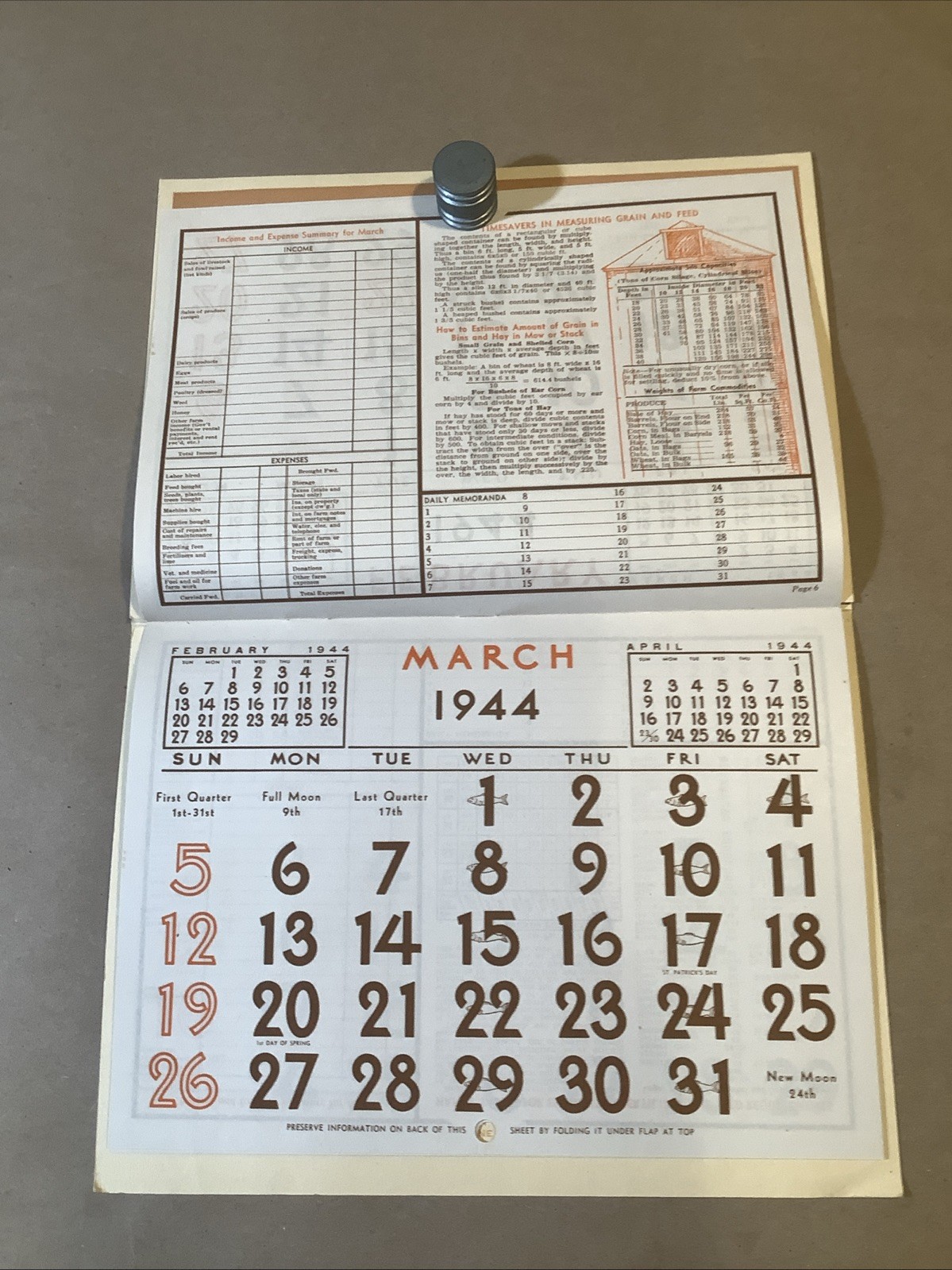 1944 Muntz-McLaughlin Co. Farm Inventory Calendar Holgate OH INV-P0547