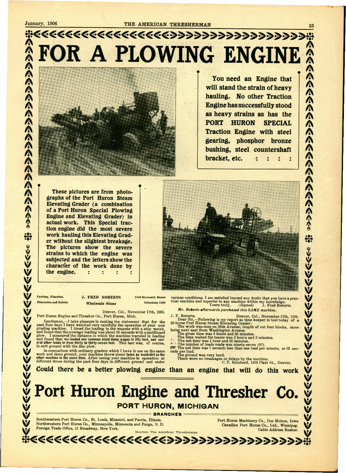 1906 Port Huron Engine & Thresher Co. Ad: Steam Elevating Grader, Road Builder