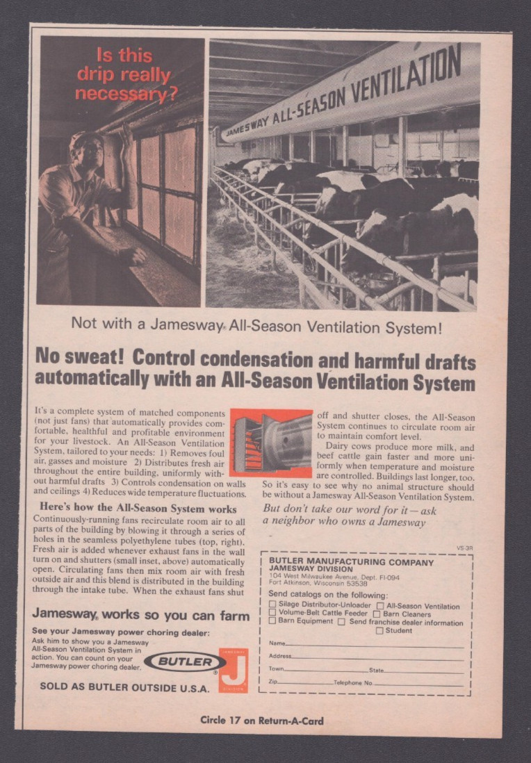 1974 Print Ad Butler Mfg Co Jamesway Fort Atkinson WI All Season Ventilation