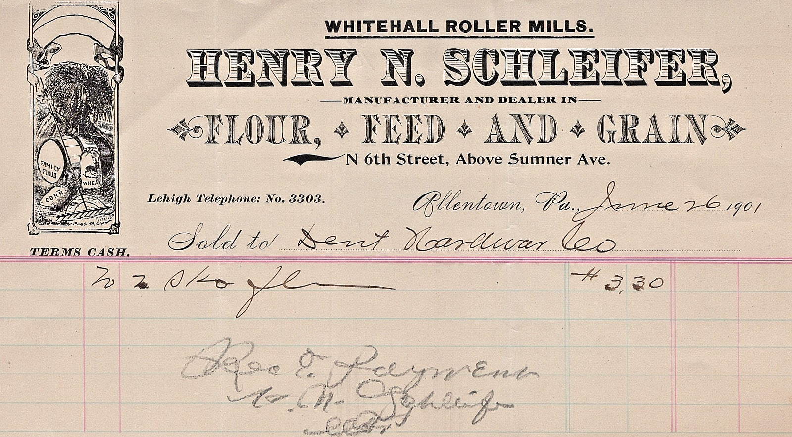1901 Whitehall Roller Mills Henry N Schleifer Allentown PA Flour Feed Grain A2FF