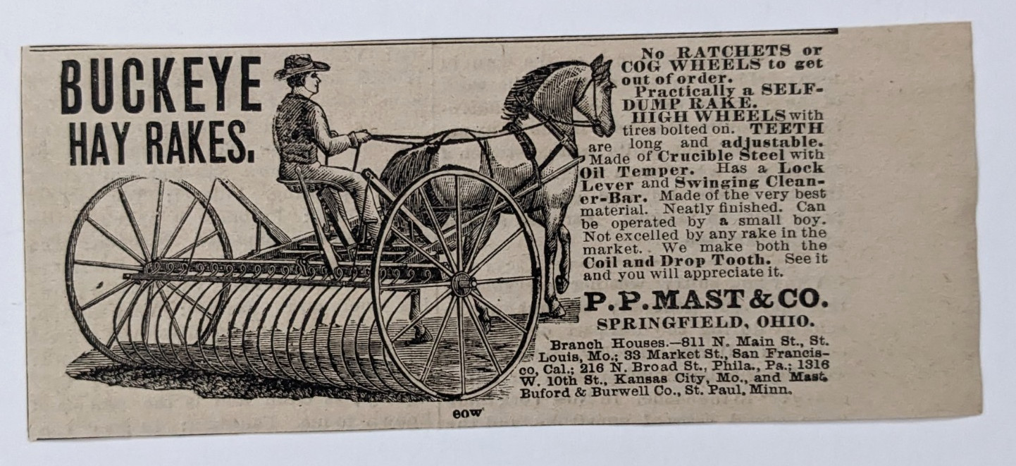 Antique 1885 Buckeye Hay Rakes Print Ad P.P. Mast & Co. Springfield Ohio Farming