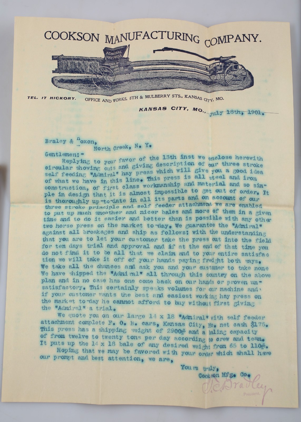 Vintage 1901 Cookson Mfg. Co. Admiral Hay Press Letterhead & Cover Kansas City