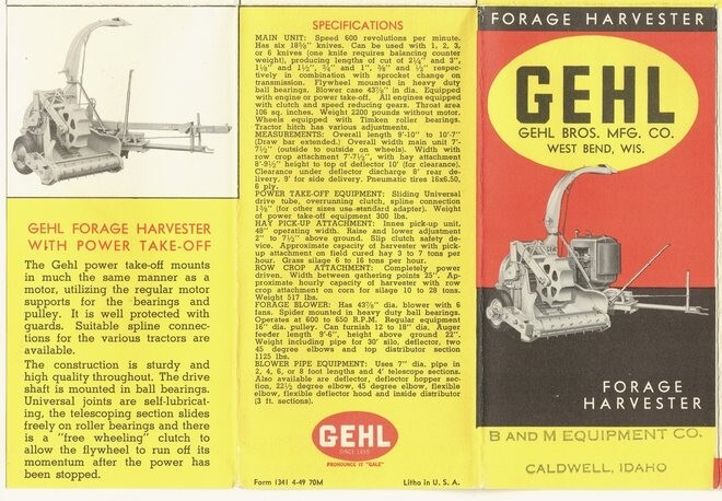 Gehl Bros. vintage 1949 brochure Forage Harvester; Caldwell, Idaho Equipment Co.