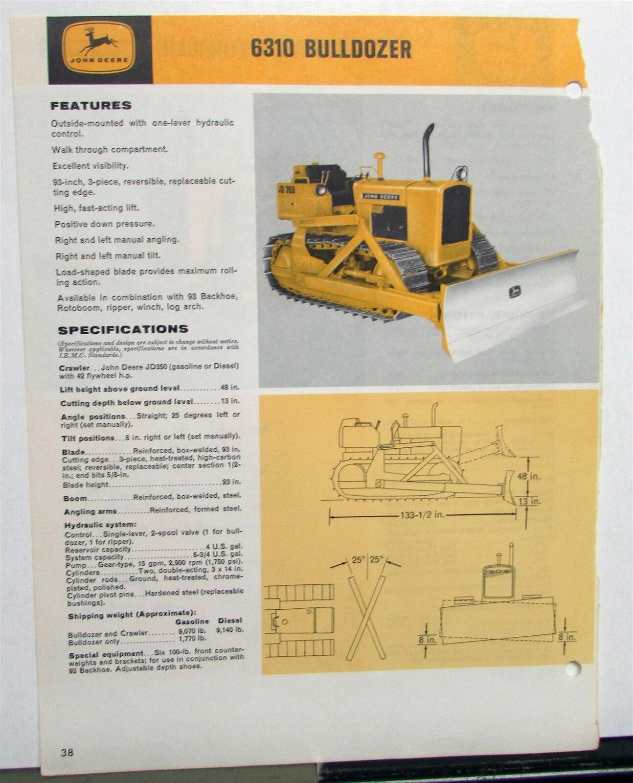 1960s John Deere 6310 Bulldozer Specifications Construction Sales Brochure