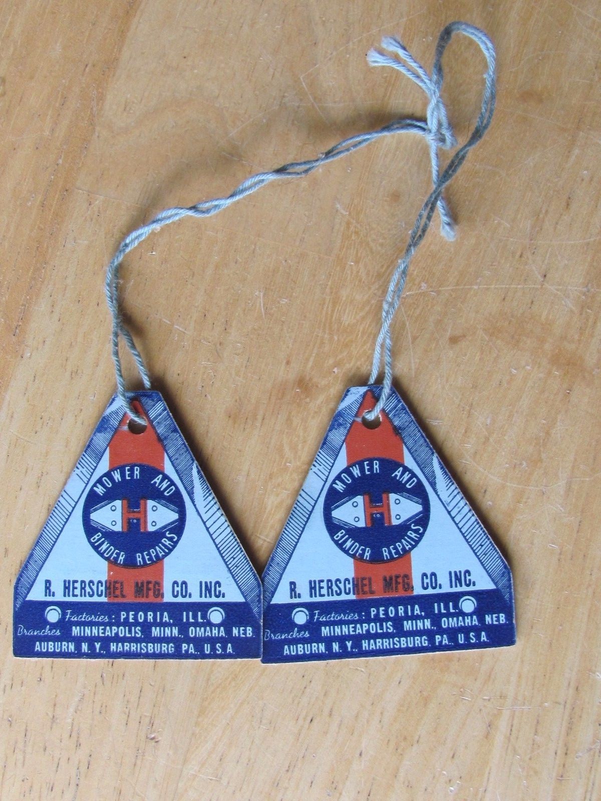 2 R HERSCHEL MFG CO PEORIA FARM SICKLE MOWER & BINDER REPAIR SALES TAGS SIGN