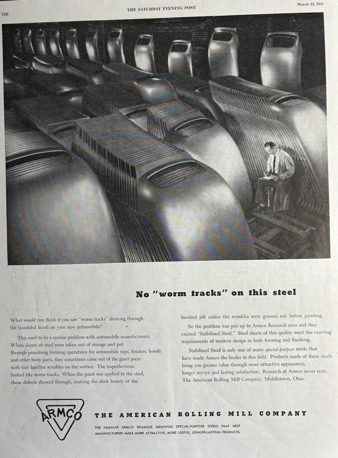 1947 ARMCO Steel No Worm Tracks Triangle Special Purpose Useful VTG Print Ad