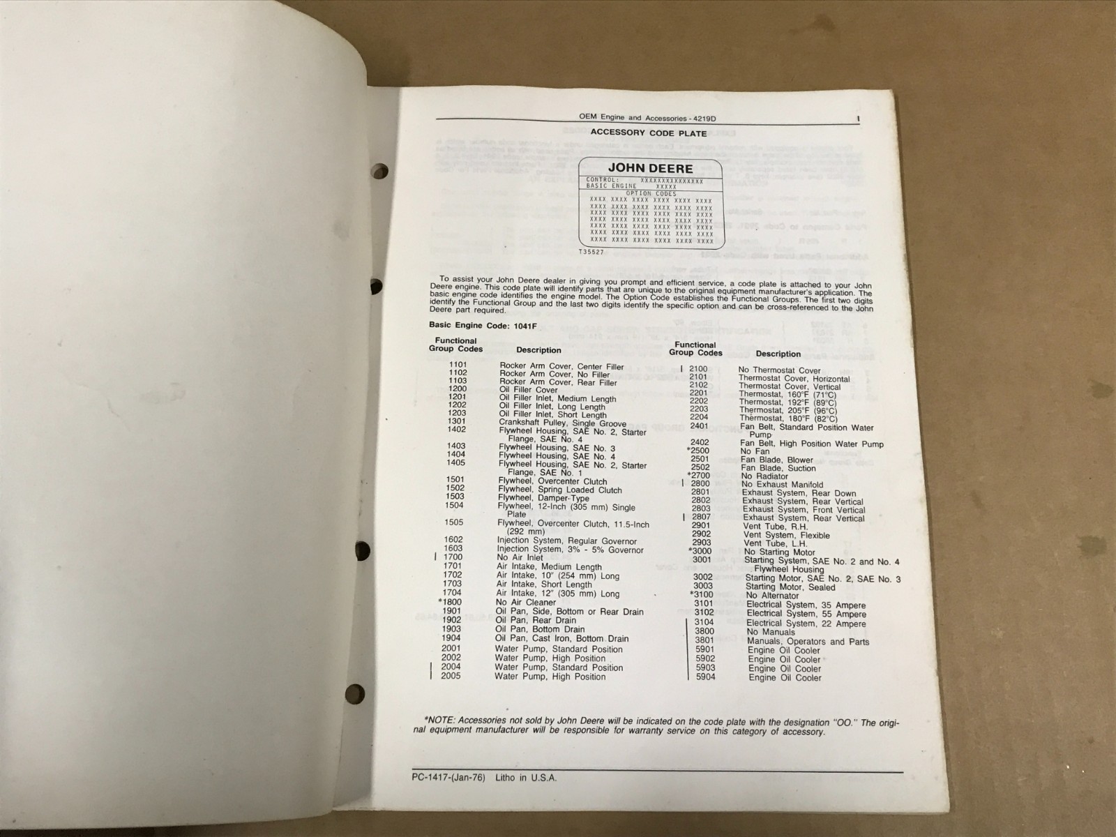 Vintage John Deere 4219D OEM Engine & Accessories Parts Catalog