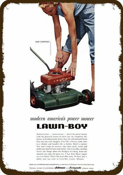 1955 Woman Mows with LAWN-BOY Lawn Mower Vntg-Look DECORATIVE REPLICA METAL SIGN