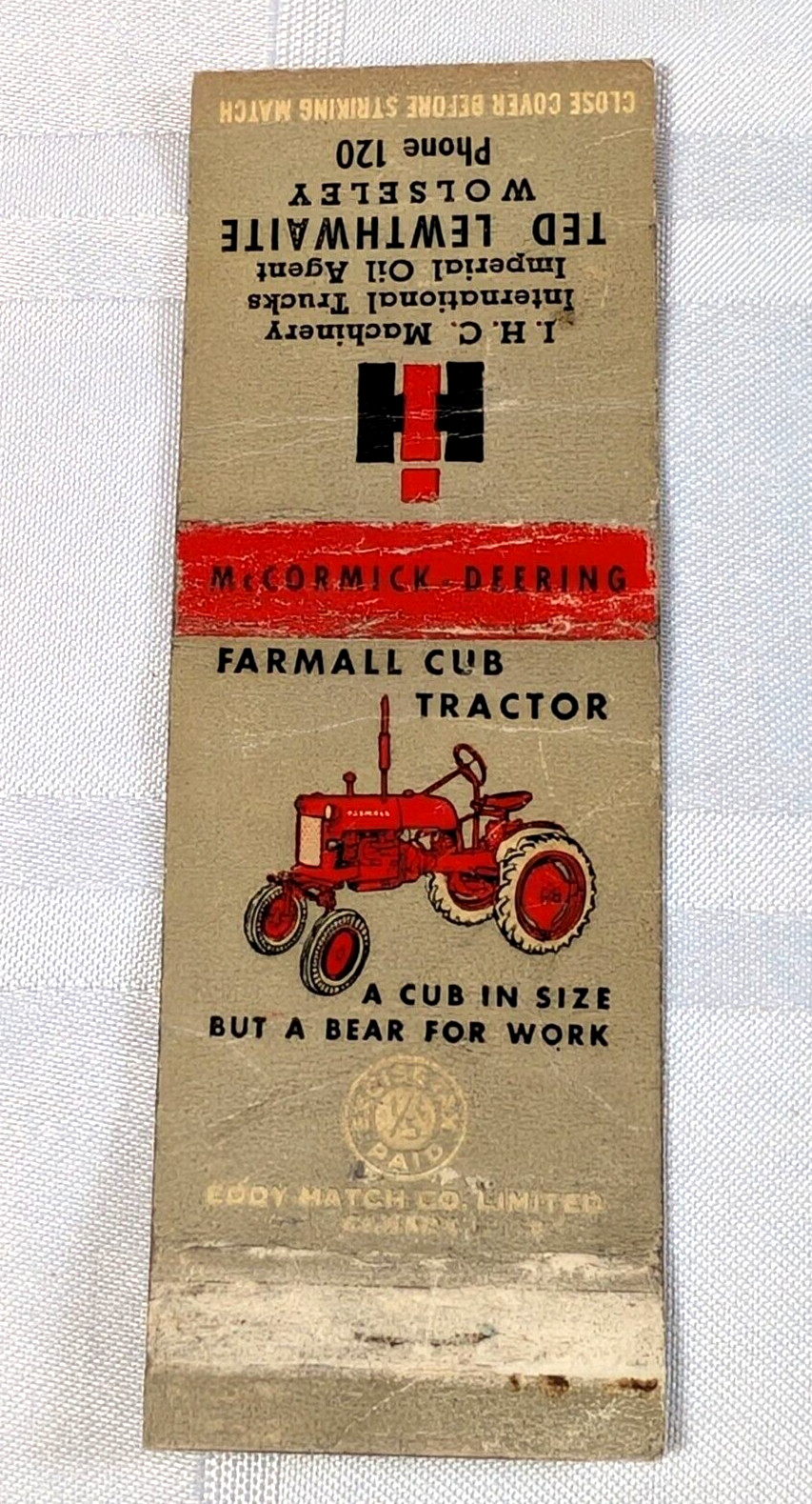FARMALL CUB TRACTOR ADVERTISING MATCHBOOK TED LEWTHWAITE WOLSELEY FARM FARMS