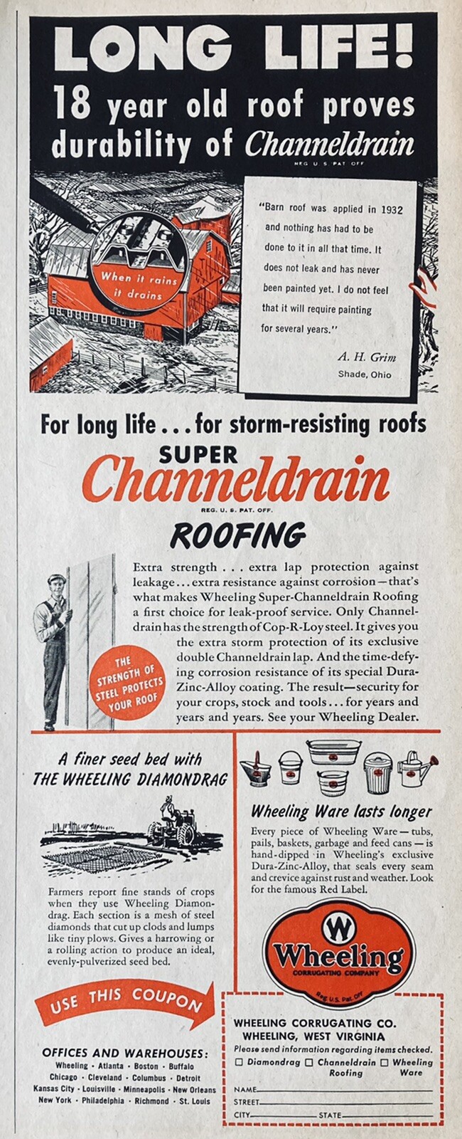 1950 AD(XH44)~WHEELING CORRUGATING CO. WHEELING, W. VA. SUPER CHANNELDRAIN ROOF
