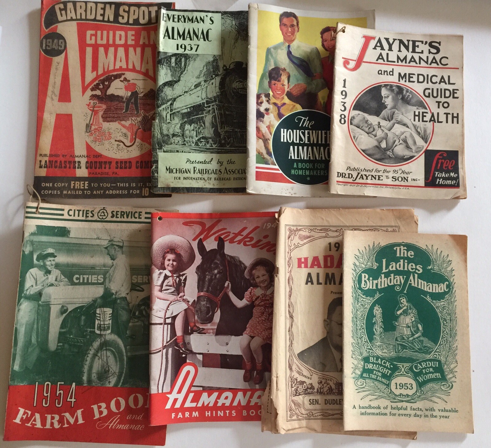 Lot Of 8 Antique Almanacs 1937-1954 Farming Health Great Ads Agriculture
