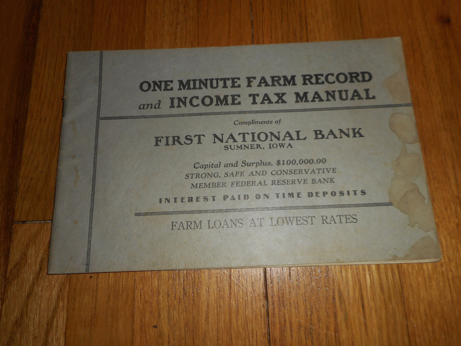 Antique One Minute Farm Record Income Tax Manual Book Advertising Sumner IA Bank