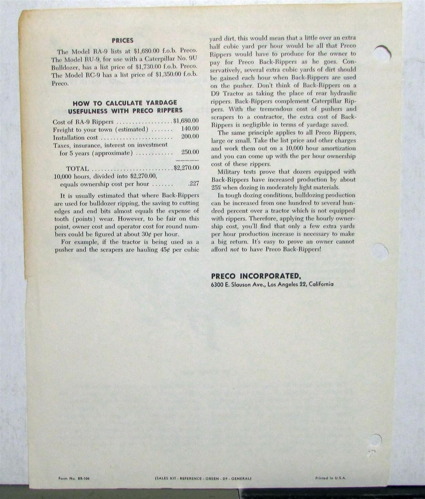 1958 Preco Back Ripper D9 Tractors Construction Sales Sheet