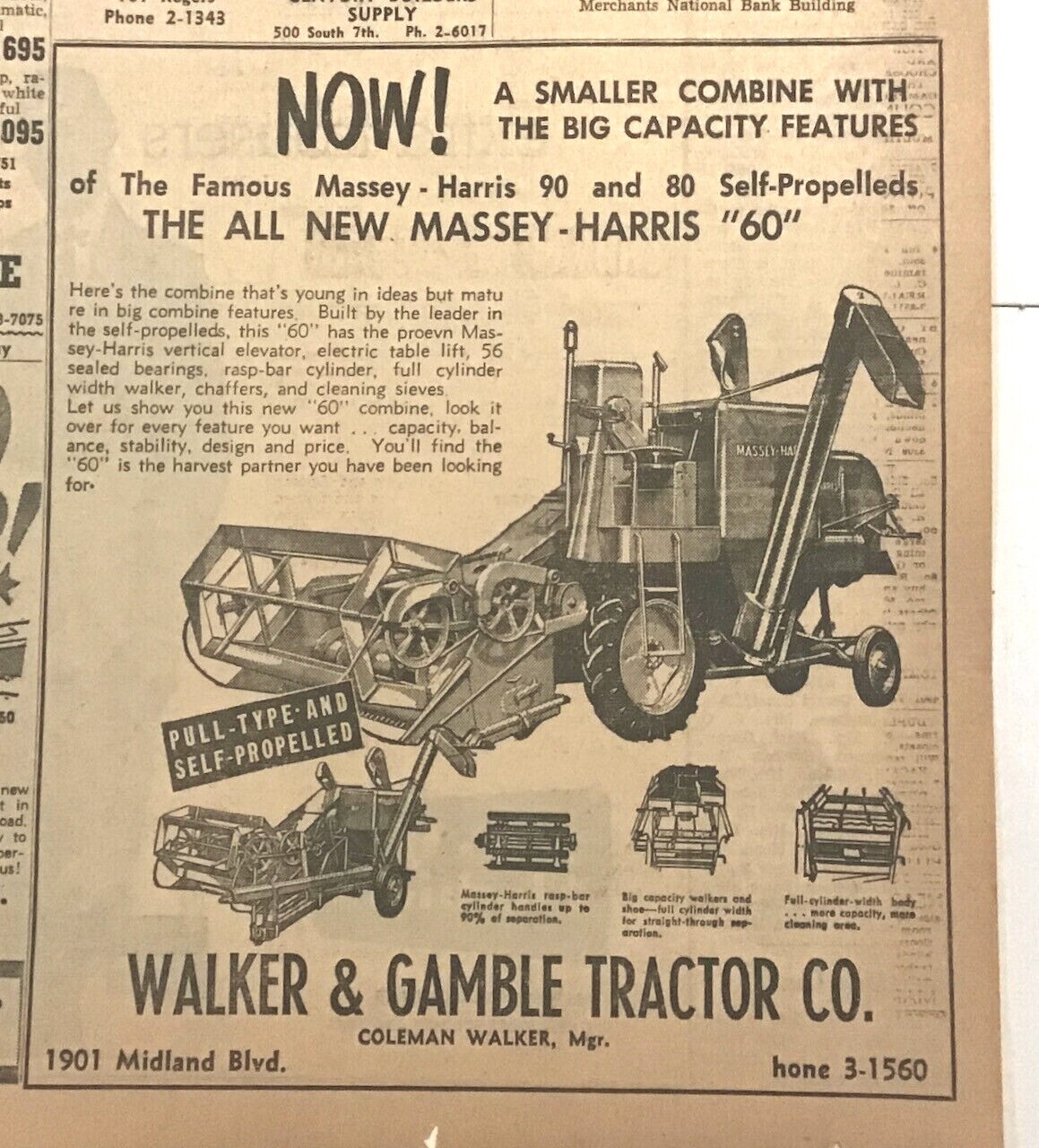 1956 newspaper ad for Massey-Harris « 60 » Combine – Smaller with Big Capacity