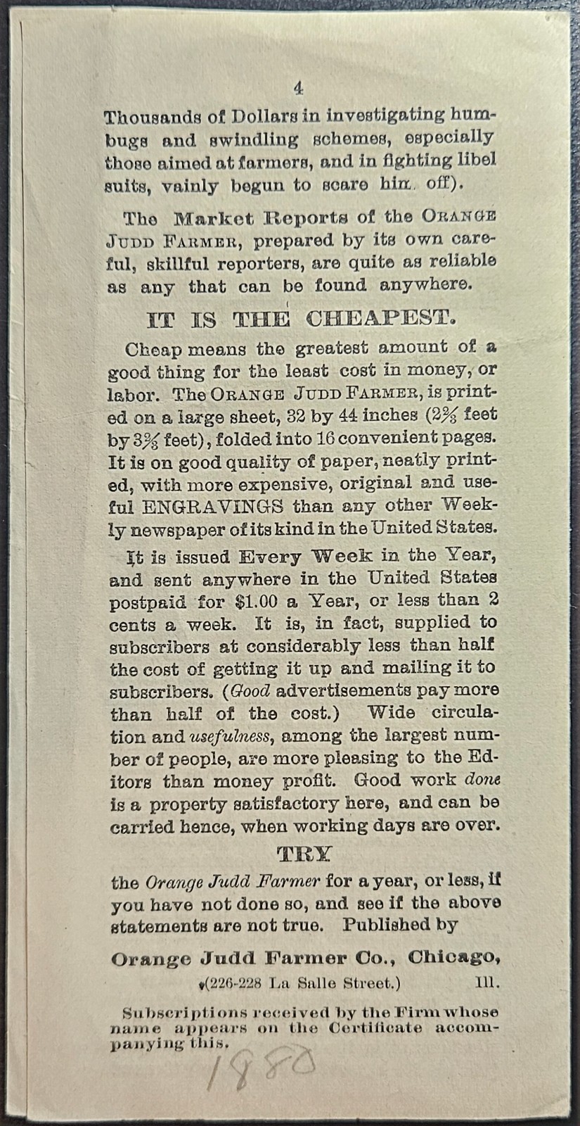 Orange Judd Farmer Magazine Advertising Brochure 3x Coupons Chicago IL c1880