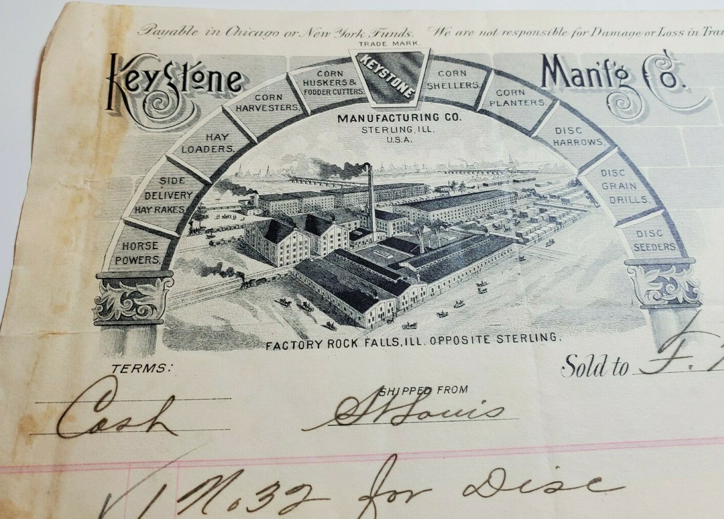 FARM IMPLEMENTS LETTERHEAD BILLHEAD 1894. KEYSTONE MANUFACTURING CO