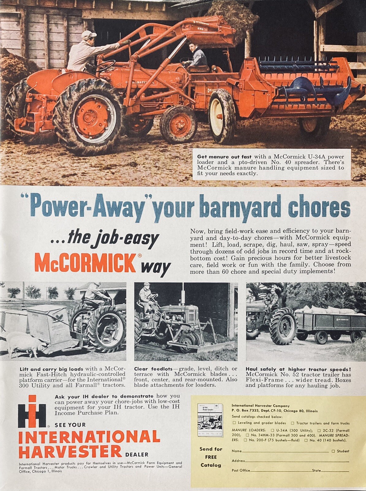 1956 AD(XH42)~INTERNATIONAL HARVESTER CO. MCCORMICK U34A LOADER, PTO 40 SPREADER