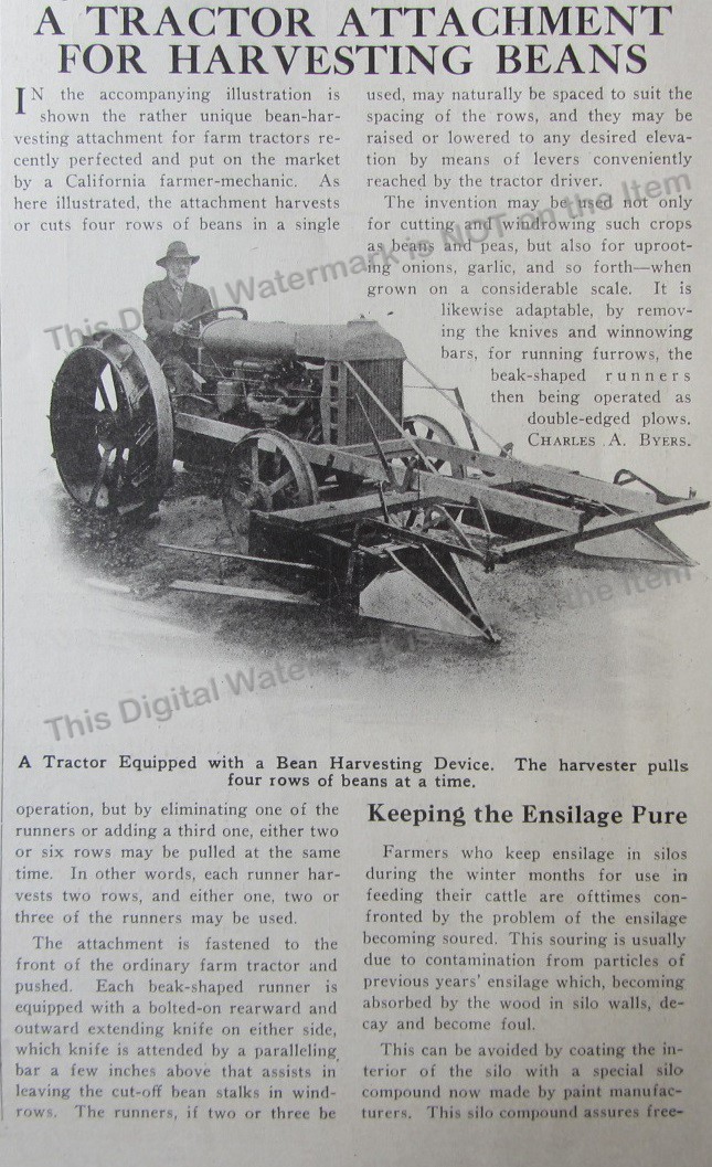1919 Article* New Unique Bean Harvesting Attachment for Farm Tractors California