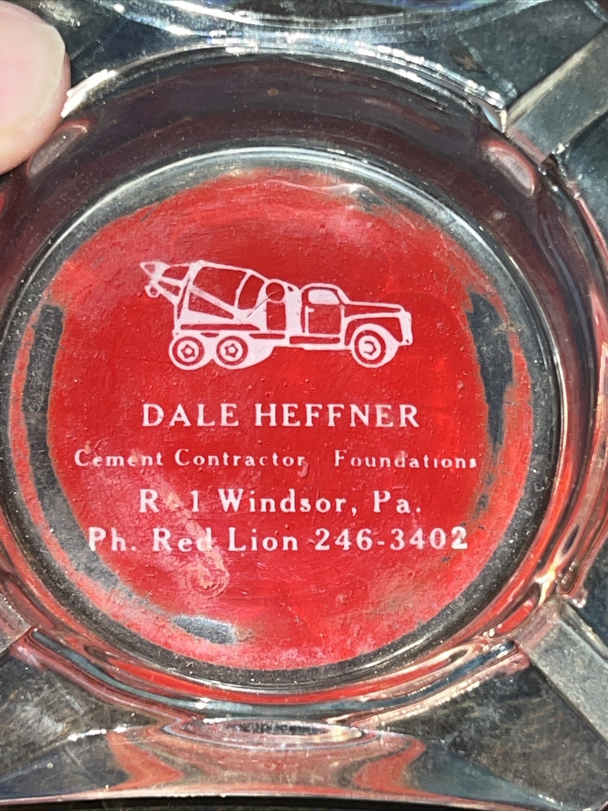 Vintage Glass Ashtray Dale Heffner Cement Contractor Windsor Red Lion Pa