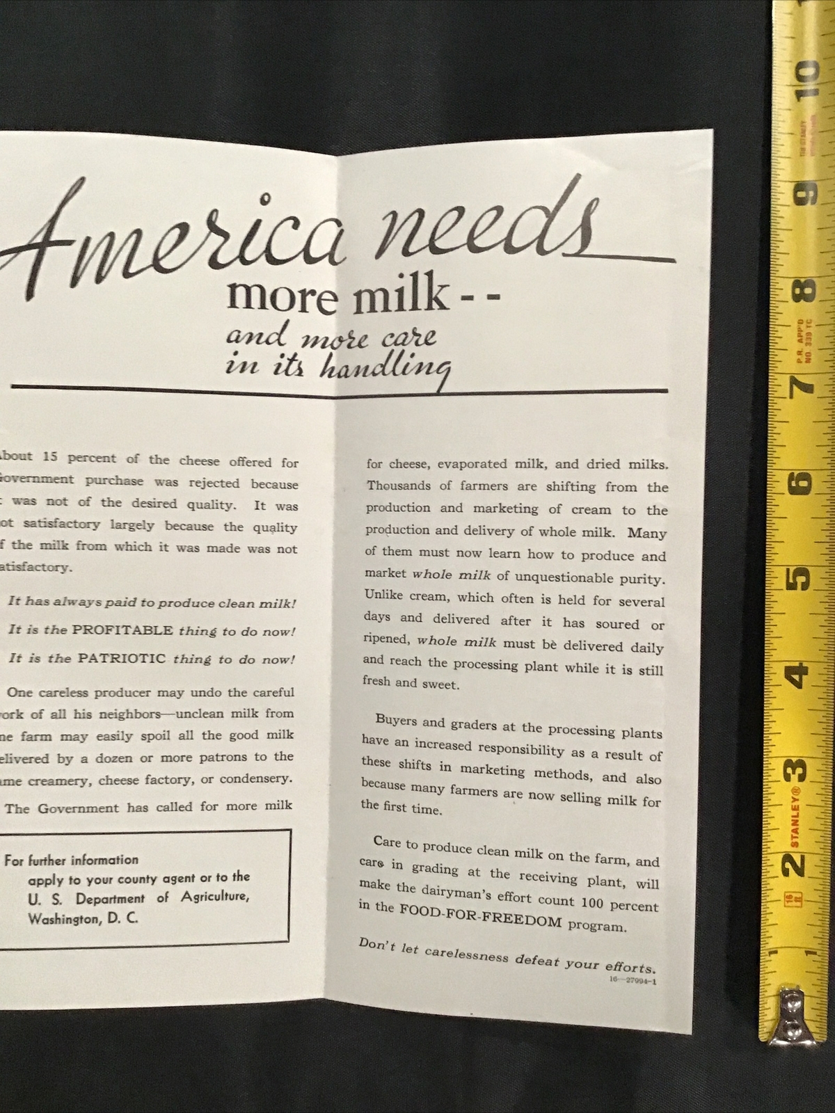 WW2 Clean Milk US Dept of Agriculture flyer brochure