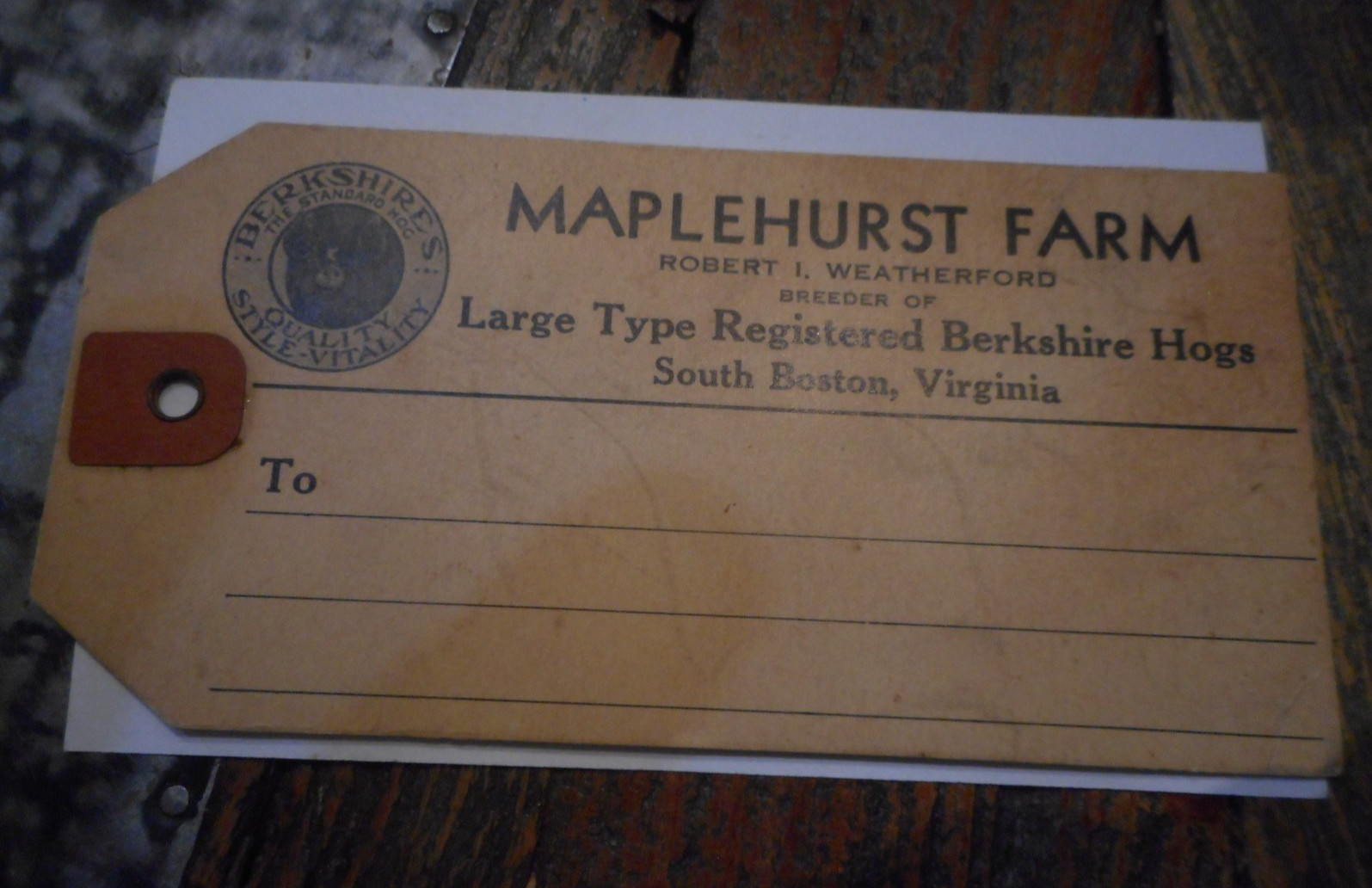 Antique Advertising Produce Livestock Ephemera Maplehurst Tag South Boston, VA