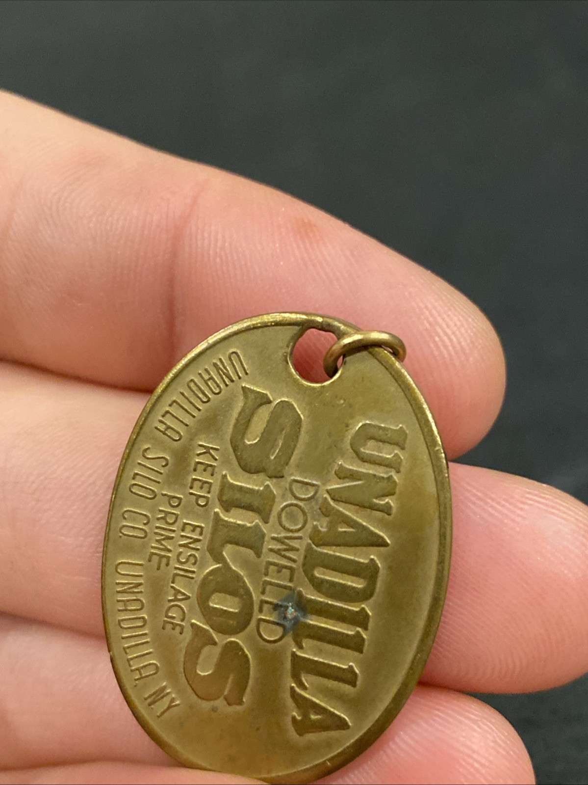 1906 ANTIQUE UNADILLA SILOS NY FARM ADVERTISING PENDANT KEYCHAIN CHARM FOB TAG