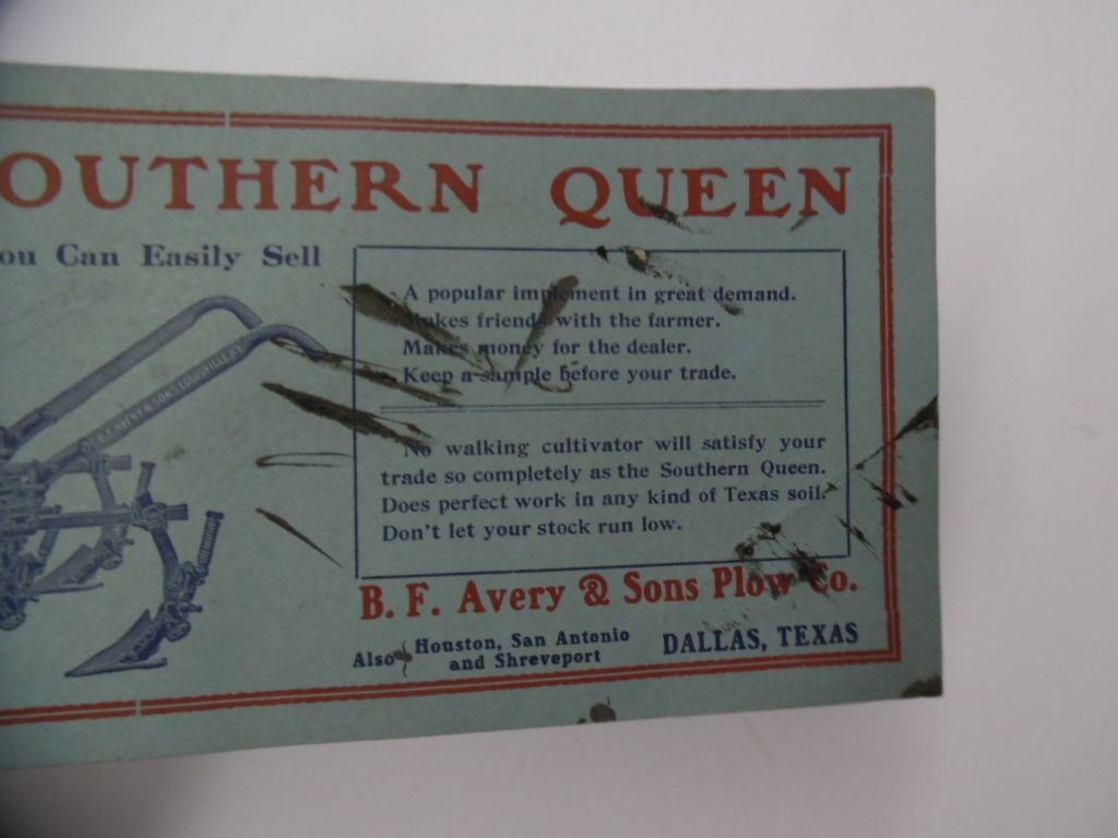 c.1910 B.F. Avery Plow Co. Southern Queen Cultivator Ad Ink Blotter Dallas Texas