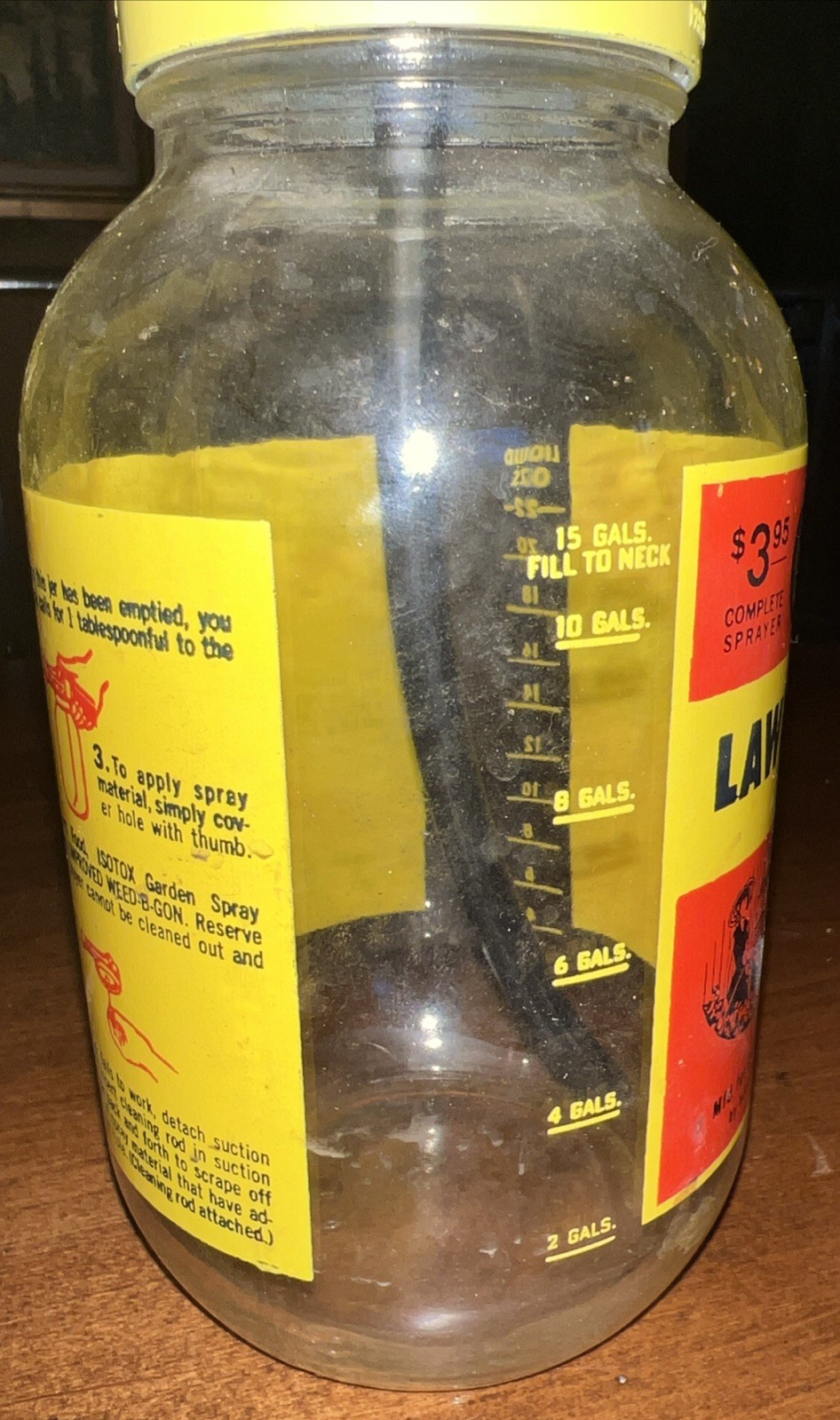 Vintage 1970 Ortho Lawn Sprayer Glass Jar Yellow Metal Lid 8&Prime; With Instructions