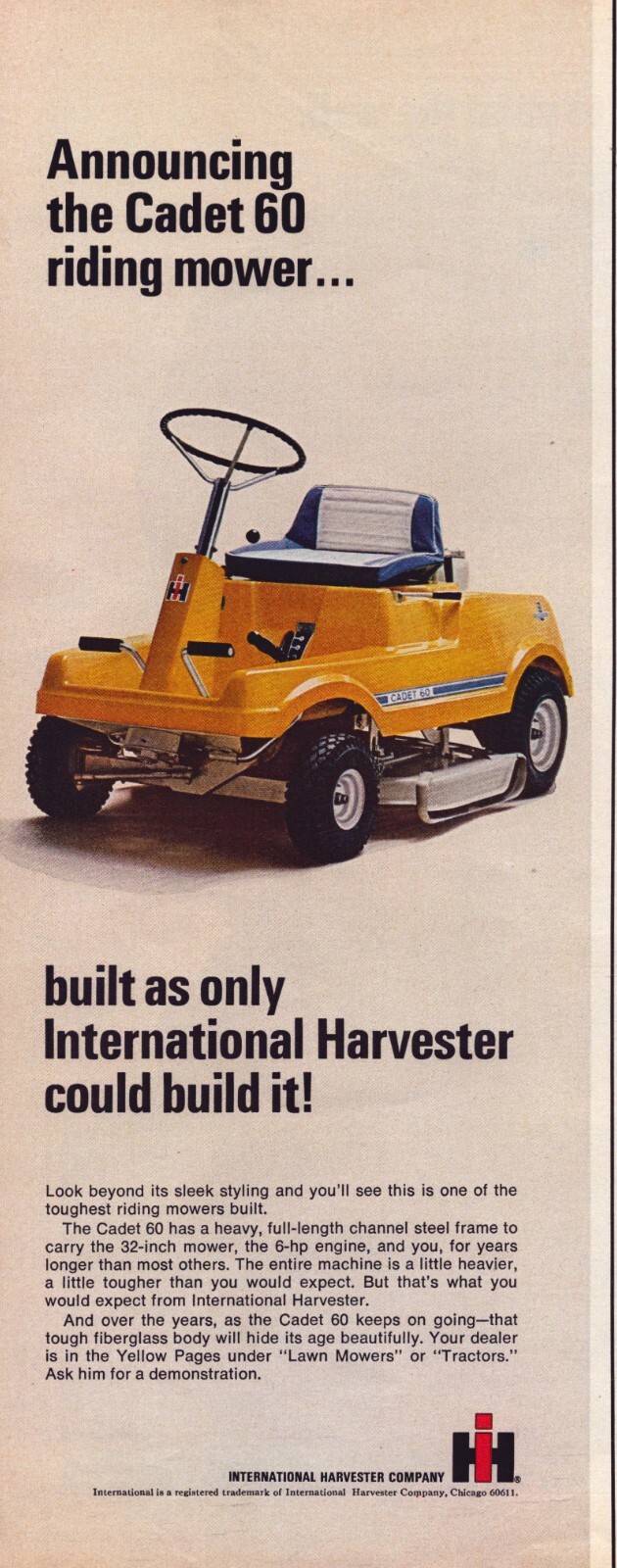 1968 International Harvester Cadet 60 Riding Mower Print Ad