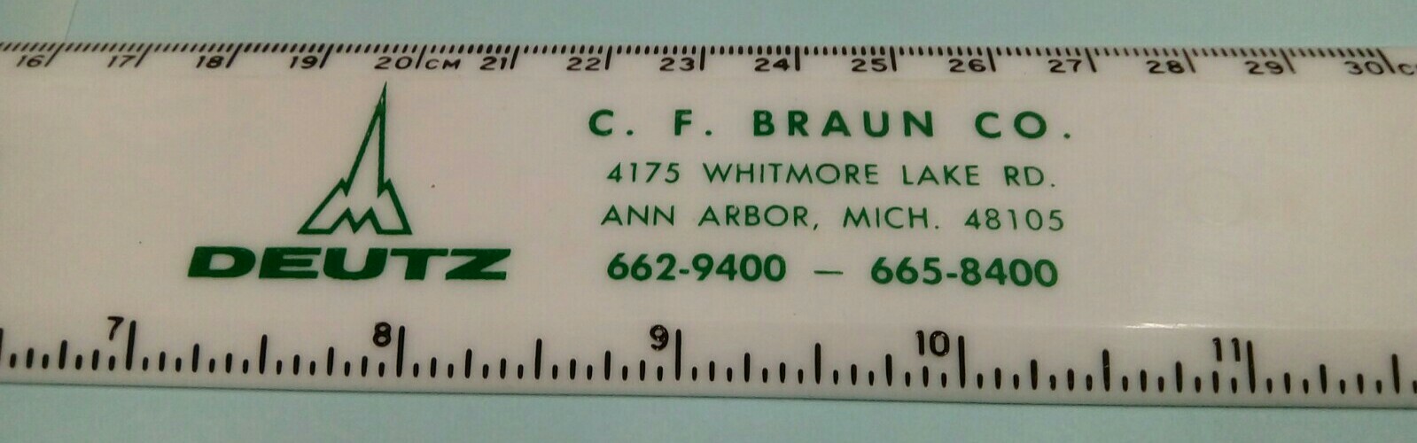 VTG1975 ADVERTISING RULER DEUTZ ENGINE FARM TRACTOR CHARLIE BRAUN ANN ARBOR FARM