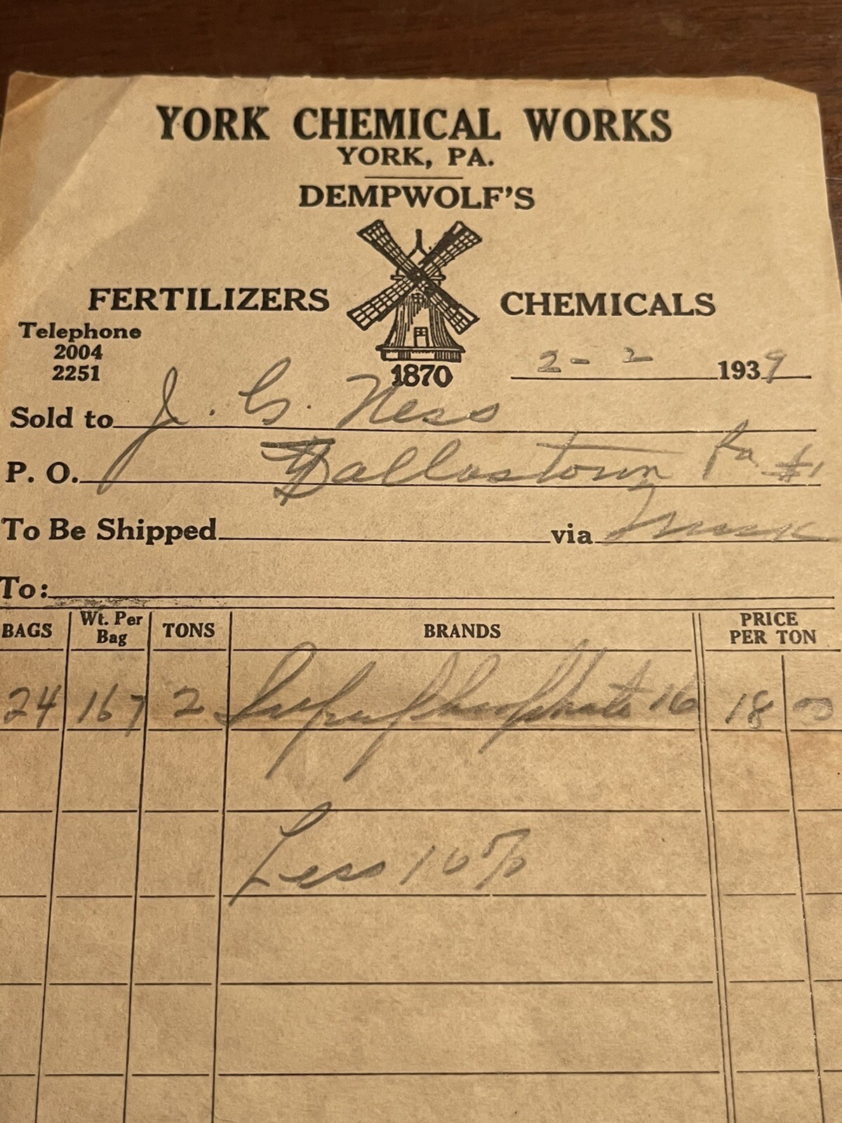 Dempwolfs Fertilizers advertising brochure and sales receipt