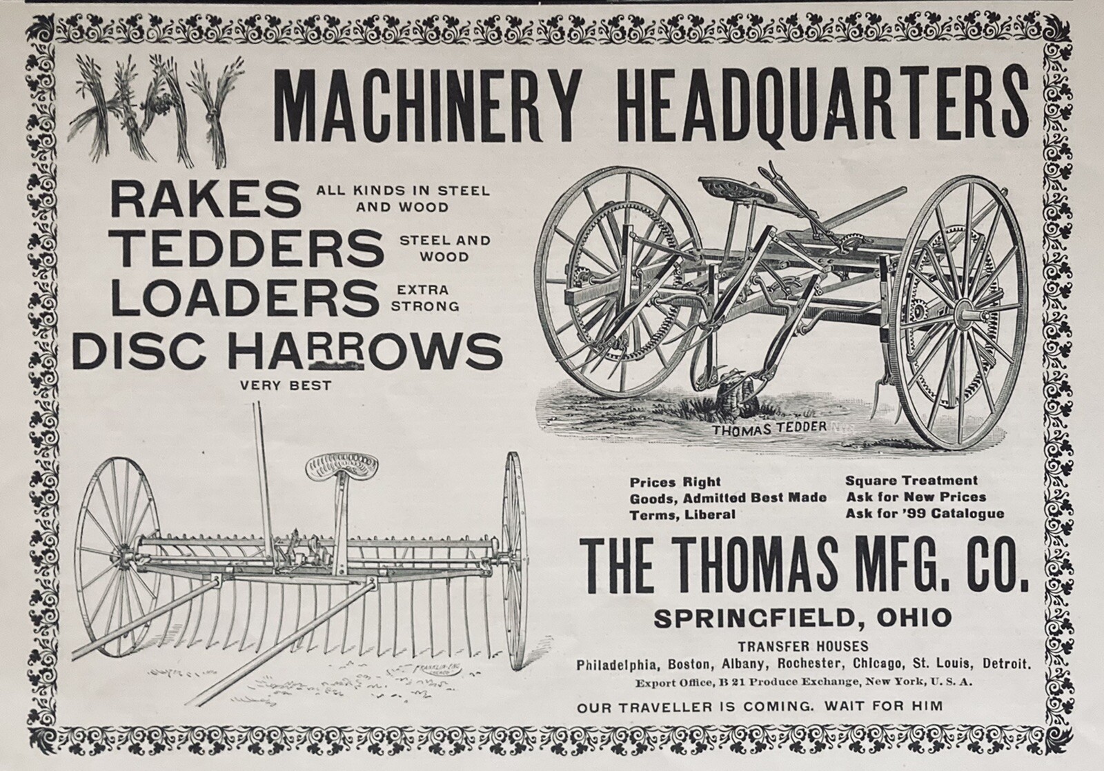 1898 AD.(XH25)~THOMAS MFG. CO. SPRINGFIELD, OHIO. HAY MACHINERY, RAKES, TEDDERS