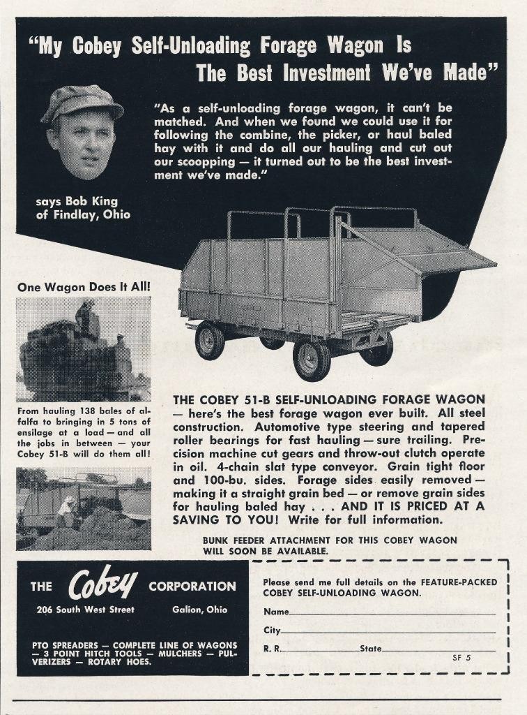 Magazine Ad – 1956 – Cobey Corp., Galion, OH – Self-Unloading Forage Wagon