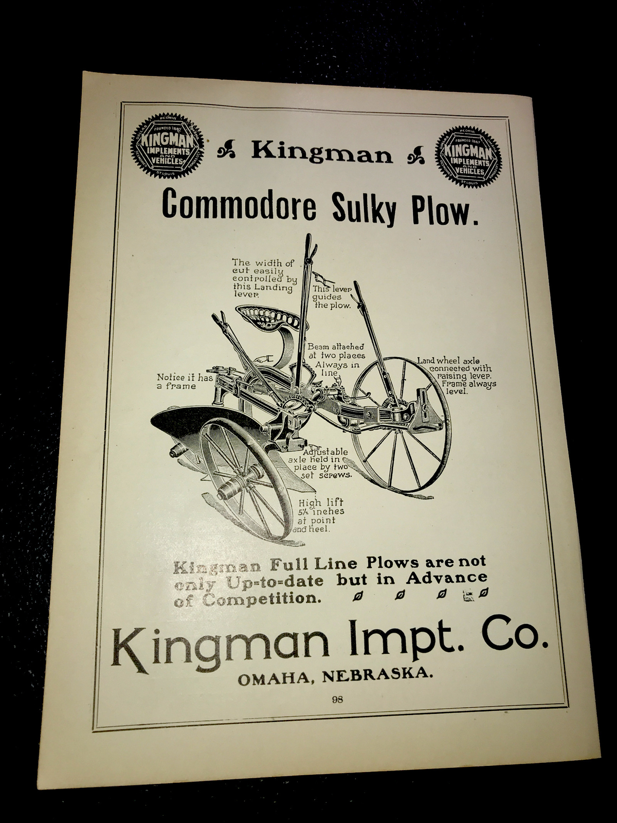 ORIGINAL 1905 Kingman Commodore Sulky Plow Farm Advertising – Omaha – Nebraska