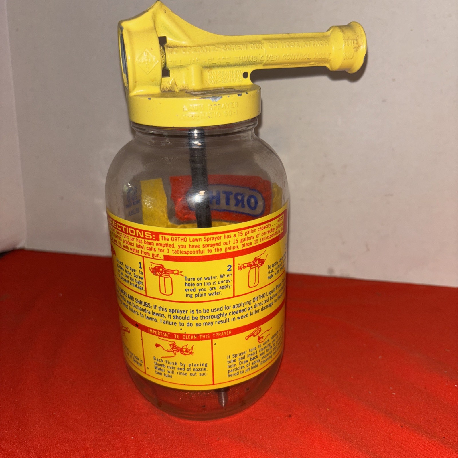 Vintage 1970 Ortho Lawn Sprayer Glass Jar Yellow Metal Lid With Instructions